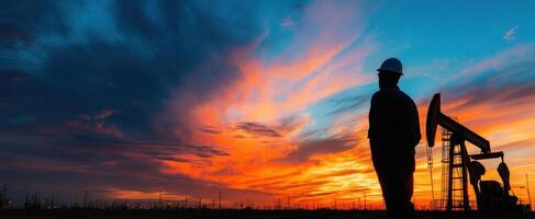 The silhouette of a worker at an oil pumpjack under a vibrant sunset sky. photo