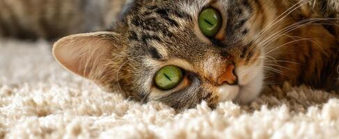 The adorable cat relaxing on a soft carpet with captivating green eyes. photo