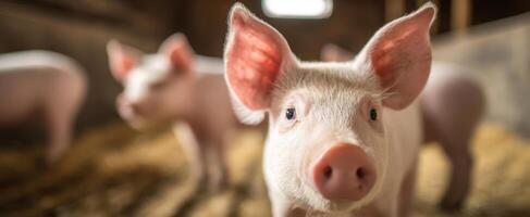 The adorable piglet exploring its environment in a farm setting. photo