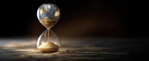 The hourglass capturing the earth's essence in an artistic representation of time. photo