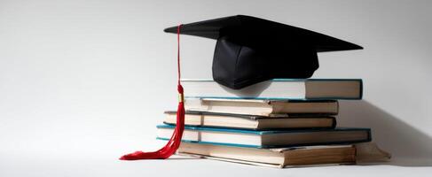 The graduation cap resting on a stack of books symbolizing academic achievement. photo