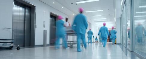 The busy corridor filled with healthcare professionals in a modern hospital setting. photo