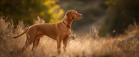 The majestic dog standing gracefully in a sunlit field of grass. photo