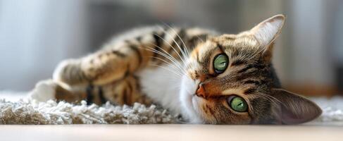 The beautiful tabby cat relaxing comfortably on a cozy rug indoors. photo
