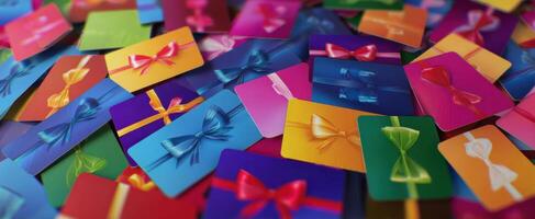 The colorful assortment of gift cards with decorative bows for every occasion photo