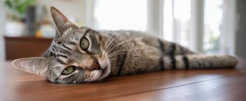 The lazy tabby cat relaxing comfortably on a wooden table. photo