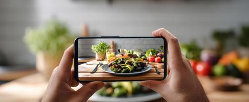 The smartphone capturing a beautifully arranged plate of fresh vegetables. photo