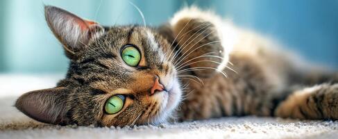 The playful tabby cat lounging peacefully on a soft carpet photo