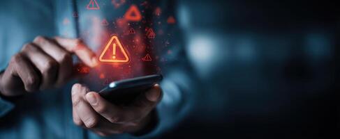 The smartphone displays urgent alerts while a user interacts cautiously with it. photo