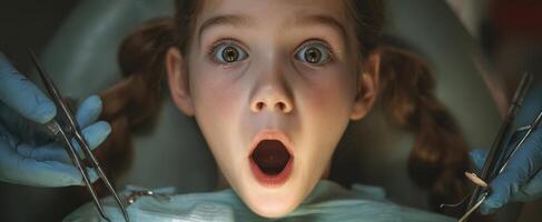 The shocked girl experiencing a dental procedure with wide eyes and open mouth. photo