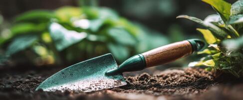The trowel resting on rich soil amidst vibrant green plants. photo