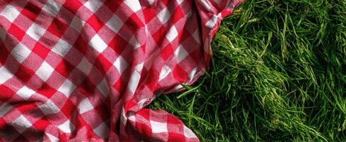 The vibrant checkered blanket on fresh green grass inviting for a picnic. photo