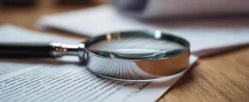 The magnifying glass on a document revealing intricate details and text clarity. photo