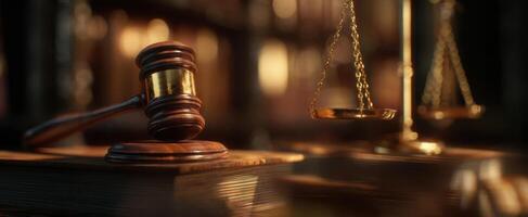 The gavel and scales symbolize justice in a legal setting. photo