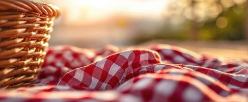 The picnic basket resting on a checkered cloth in warm evening light. photo
