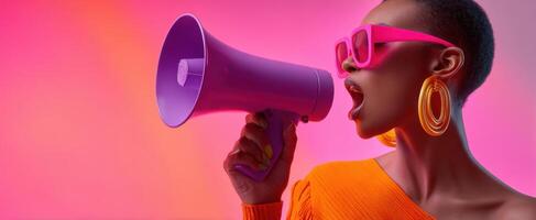 The confident woman using a megaphone in a vibrant and stylish setting. photo