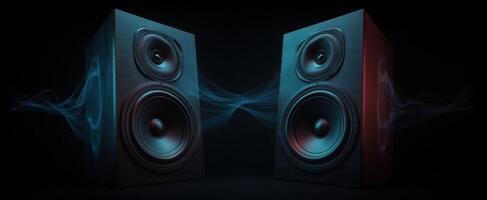 The high-quality speakers emitting vibrant sound waves in a dark environment. photo