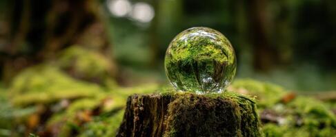 The crystal sphere reflecting a tranquil forest landscape on a mossy stump. photo