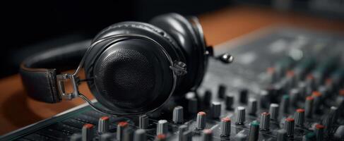 The vintage headphones resting on a professional audio mixing console in a studio setting. photo