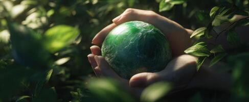 The Hands Holding a Green Sphere Surrounded by Lush Greenery photo