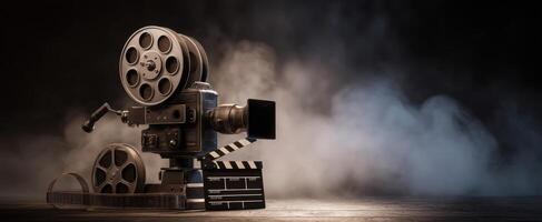 The vintage film projector surrounded by atmospheric smoke and dramatic lighting. photo