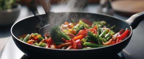 The colorful stir-fried vegetables in a sizzling skillet. photo