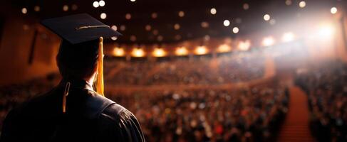 The graduate stands proudly before a cheering audience at a graduation ceremony. photo