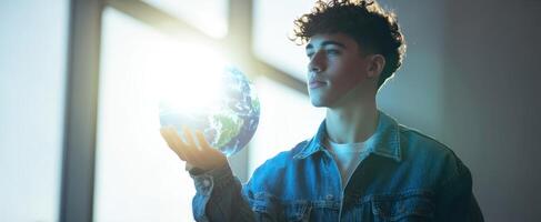 The young man holding a glowing globe symbolizing hope and a brighter future. photo