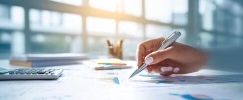 The hand writing on a business report with graphs and data analysis tools. photo