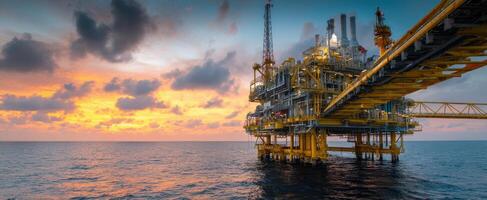 The oil platform standing majestically over the tranquil ocean at sunset. photo