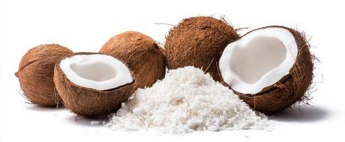 The Coconut Halves Surrounded by Freshly Shredded Coconut on White Background photo
