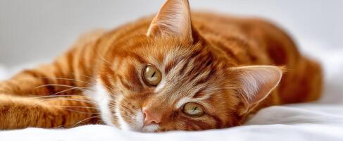 The adorable orange cat relaxing comfortably on a soft surface. photo