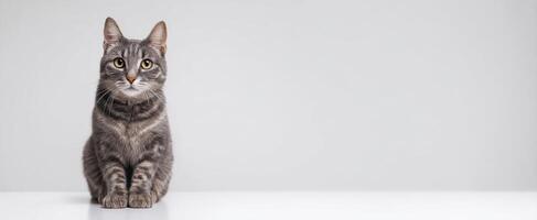 The charming gray tabby cat sitting gracefully on a white surface. photo