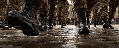 The soldiers marching in formation on a city street showcasing discipline and unity. photo