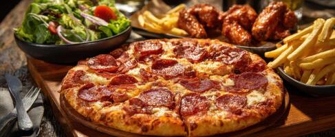 The delicious pepperoni pizza accompanied by fries and fresh salad on a wooden table. photo