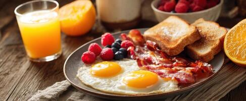 The mouthwatering breakfast featuring sunny side up eggs and crispy bacon. photo