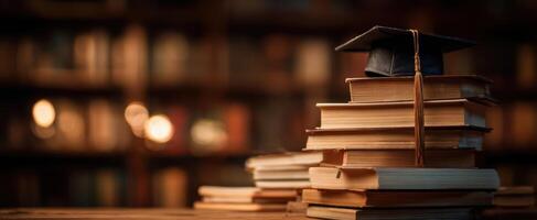 A stack of books with a graduation cap on top photo