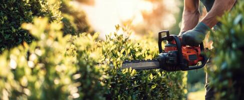 The gardener carefully trims hedges with a chainsaw in the afternoon sun. photo