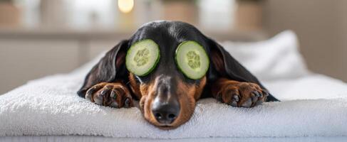 The dachshund relaxing with cucumber slices on its eyes in a cozy setting. photo