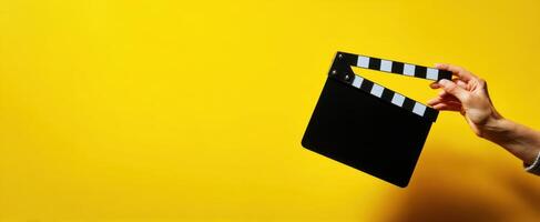 The hand holding a clapperboard against a vibrant yellow backdrop. photo