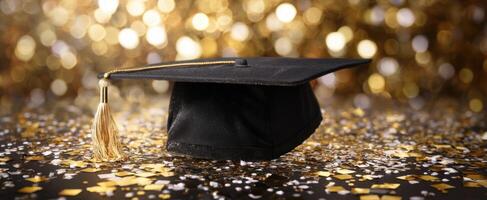 The graduation cap resting elegantly on a sparkling gold background. photo