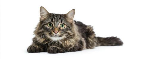 The adorable fluffy cat with striking green eyes lounging comfortably on white background. photo