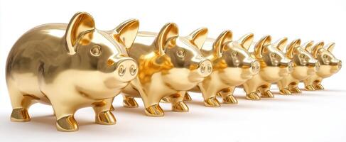The golden piggy banks symbolizing wealth and financial prosperity in a row. photo