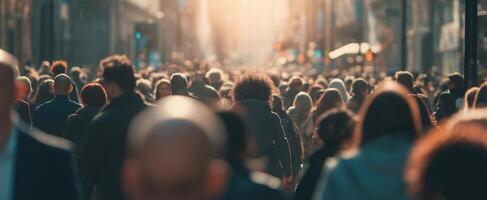 The bustling crowd navigating through a vibrant urban street at sunset. photo