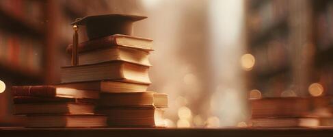 The graduation cap resting on a stack of books in a library setting. photo