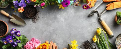 The vibrant gardening scene with beautiful flowers, tools, and potting essentials. photo