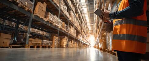 The warehouse worker using a tablet to manage inventory in a modern facility. photo