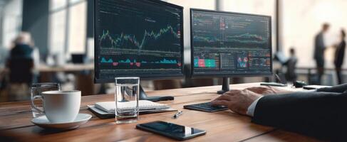 The modern workspace featuring dual monitors displaying financial analytics and data insights. photo