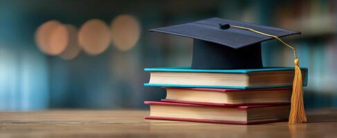 The graduation cap placed atop a stack of books in an academic setting. photo