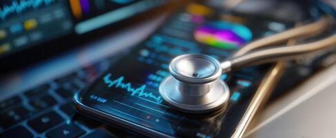 The stethoscope resting on a smartphone displaying health data and analytics. photo